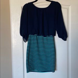 Navy and green mock skirt dress